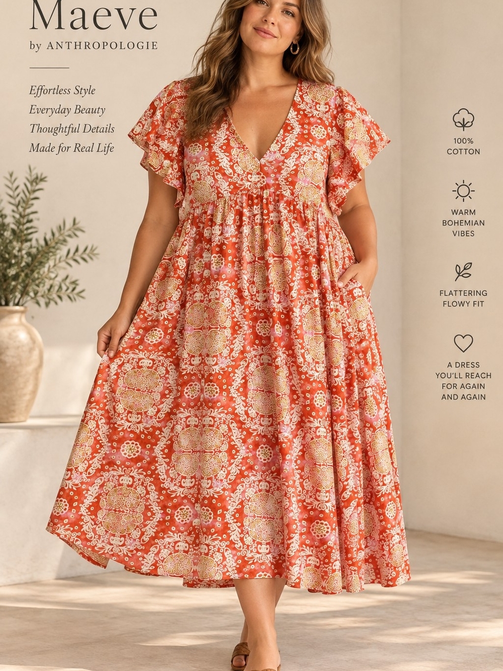 Maeve Anthropologie Orange Printed Cotton Babydoll Midi Dress 1X Pockets